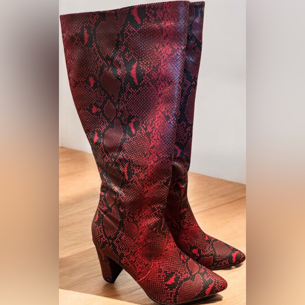 Catherine Malandrino red and black snake skin boots.